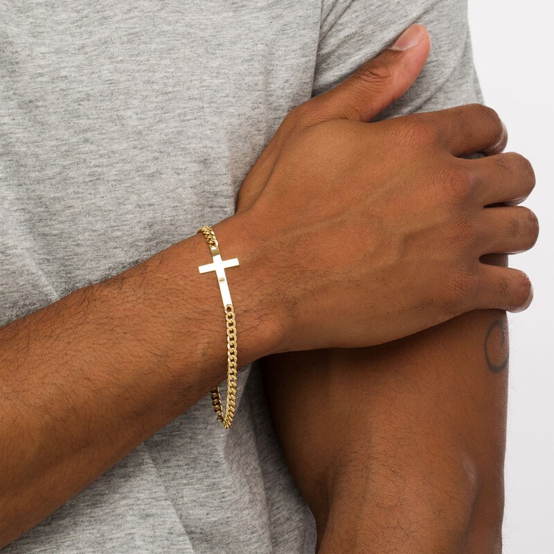 Sideways Cross and Curb Chain Bracelet in Hollow 10K Gold – 8.5"|Peoples Jewellers