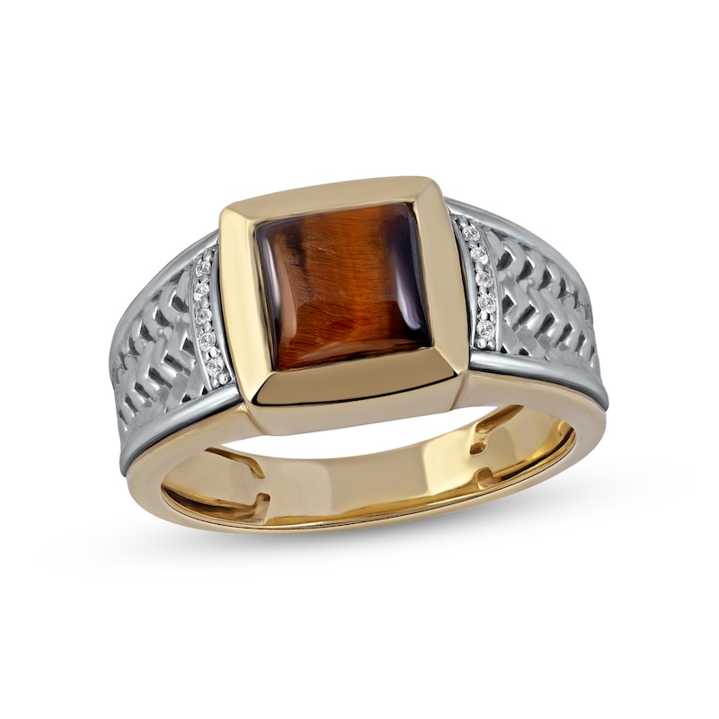 Men's 8.0mm Square-Cut Tiger's Eye and 0.04 CT. T.W. Diamond Basket Weave Ring in 10K Two-Tone Gold|Peoples Jewellers