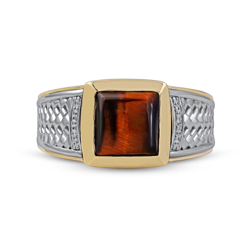 Men's 8.0mm Square-Cut Tiger's Eye and 0.04 CT. T.W. Diamond Basket Weave Ring in 10K Two-Tone Gold