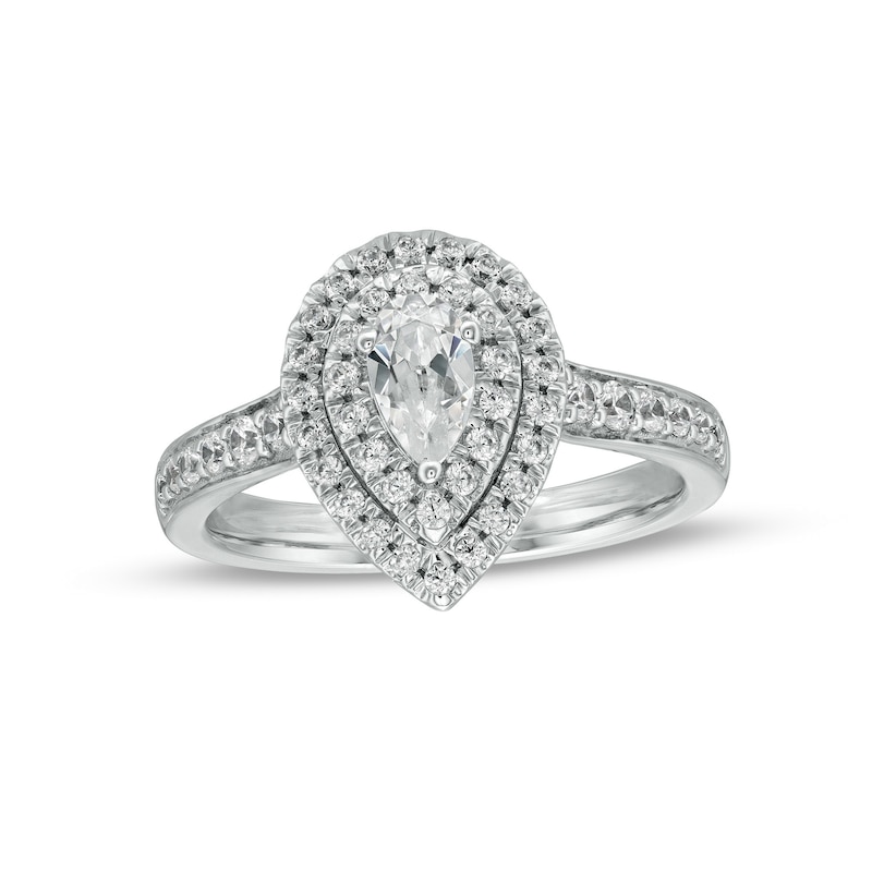 0.75 CT. T.W. Certified Canadian Pear-Shaped Diamond Double Frame Engagement Ring in 14K White Gold (I/I1)|Peoples Jewellers