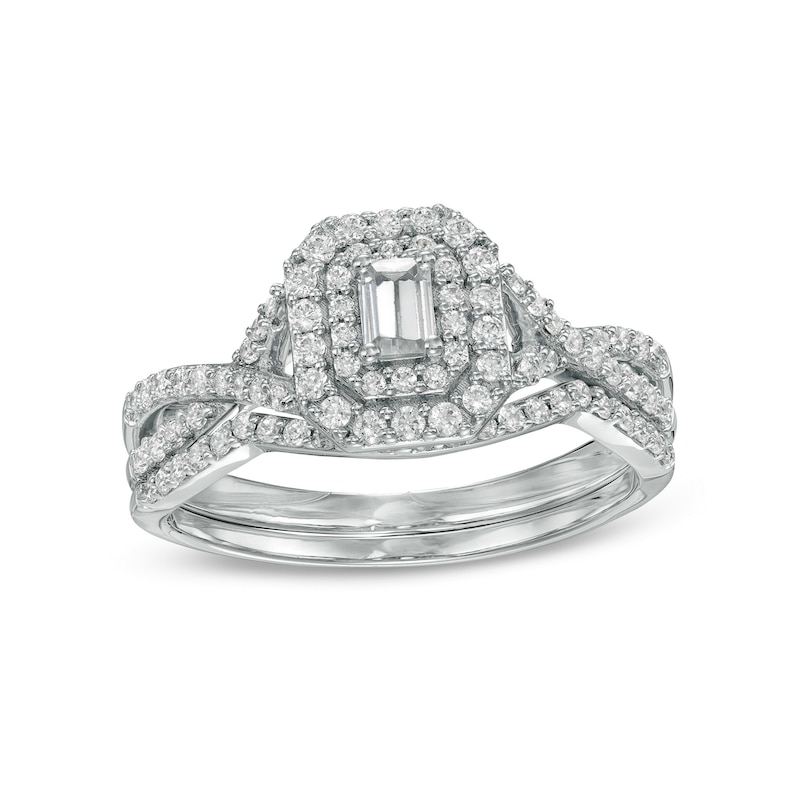 0.58 CT. T.W. Emerald-Cut Diamond Double Frame Twist Shank Bridal Set in 10K White Gold (I/I2)|Peoples Jewellers