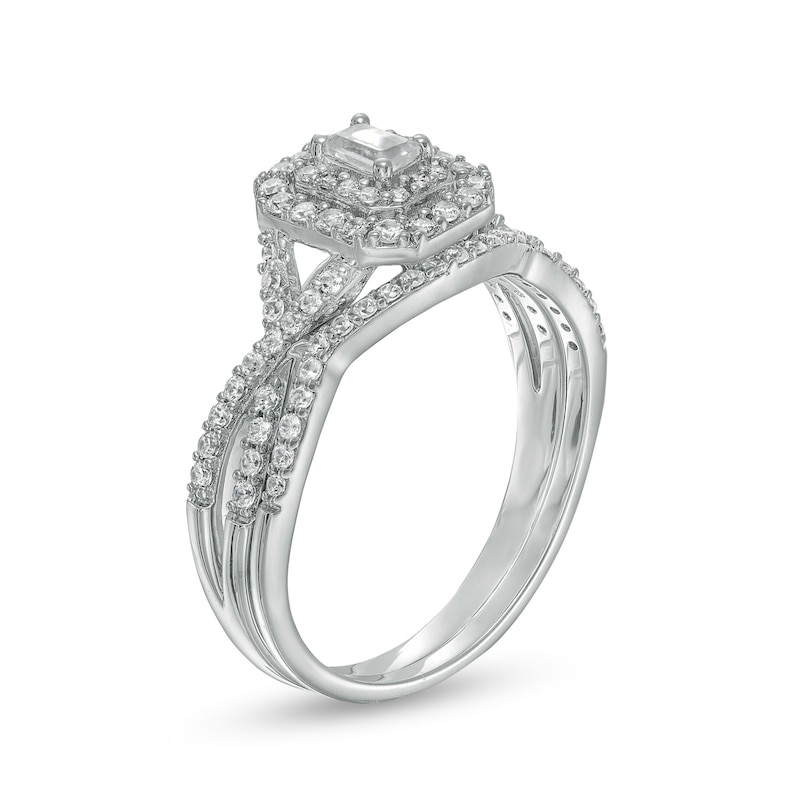 Main Image 3 of 0.58 CT. T.W. Emerald-Cut Diamond Double Frame Twist Shank Bridal Set in 10K White Gold (I/I2)
