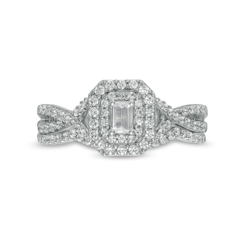 Main Image 4 of 0.58 CT. T.W. Emerald-Cut Diamond Double Frame Twist Shank Bridal Set in 10K White Gold (I/I2)