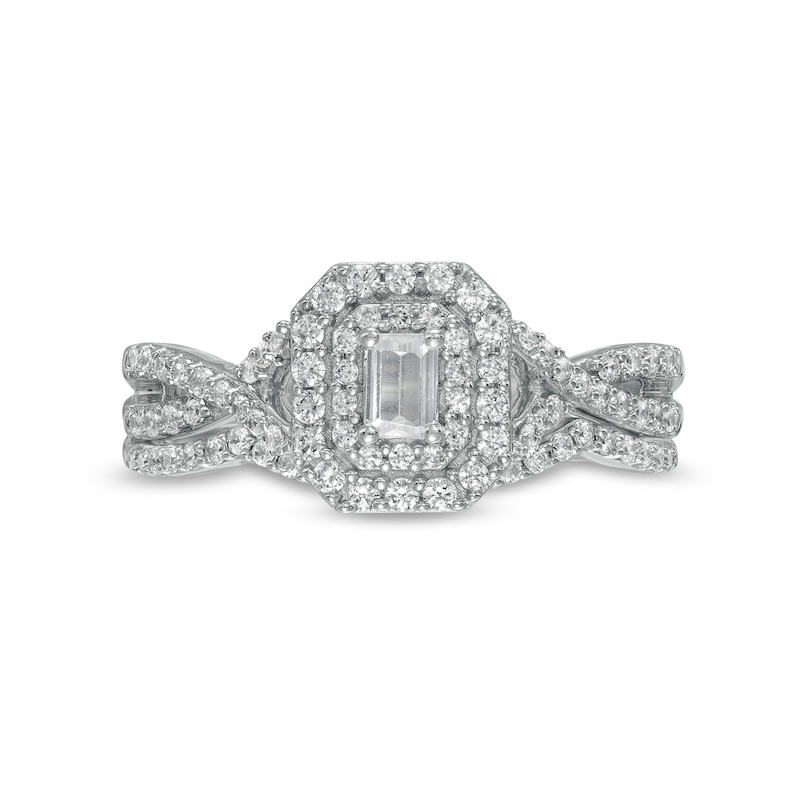 0.58 CT. T.W. Emerald-Cut Diamond Double Frame Twist Shank Bridal Set in 10K White Gold (I/I2)|Peoples Jewellers