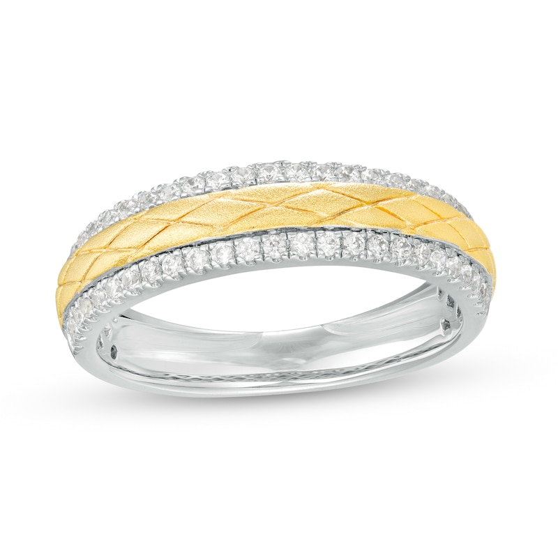 0.23 CT. T.W. Diamond Lined Textured Criss-Cross Anniversary Band in 14K Two-Tone Gold