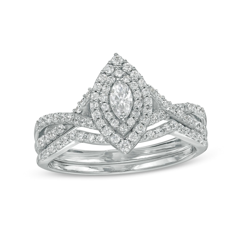 Main Image 1 of 0.58 CT. T.W. Marquise Diamond Double Frame Twist Shank Bridal Set in 10K White Gold (I/I2)