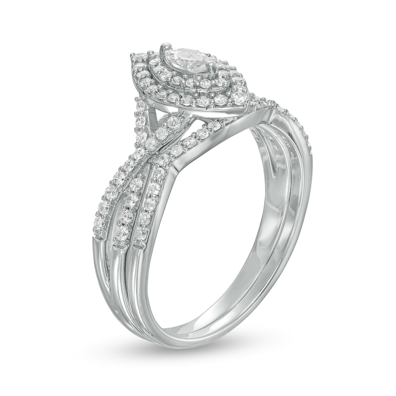 Main Image 3 of 0.58 CT. T.W. Marquise Diamond Double Frame Twist Shank Bridal Set in 10K White Gold (I/I2)
