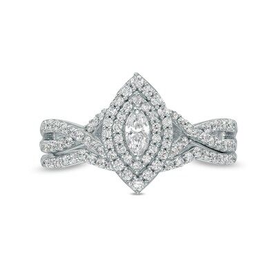 0.58 CT. T.W. Marquise Diamond Double Frame Twist Shank Bridal Set in 10K White Gold (I/I2)