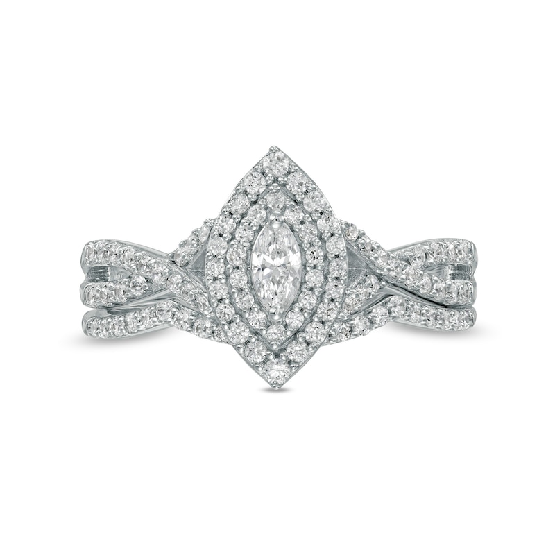Main Image 4 of 0.58 CT. T.W. Marquise Diamond Double Frame Twist Shank Bridal Set in 10K White Gold (I/I2)