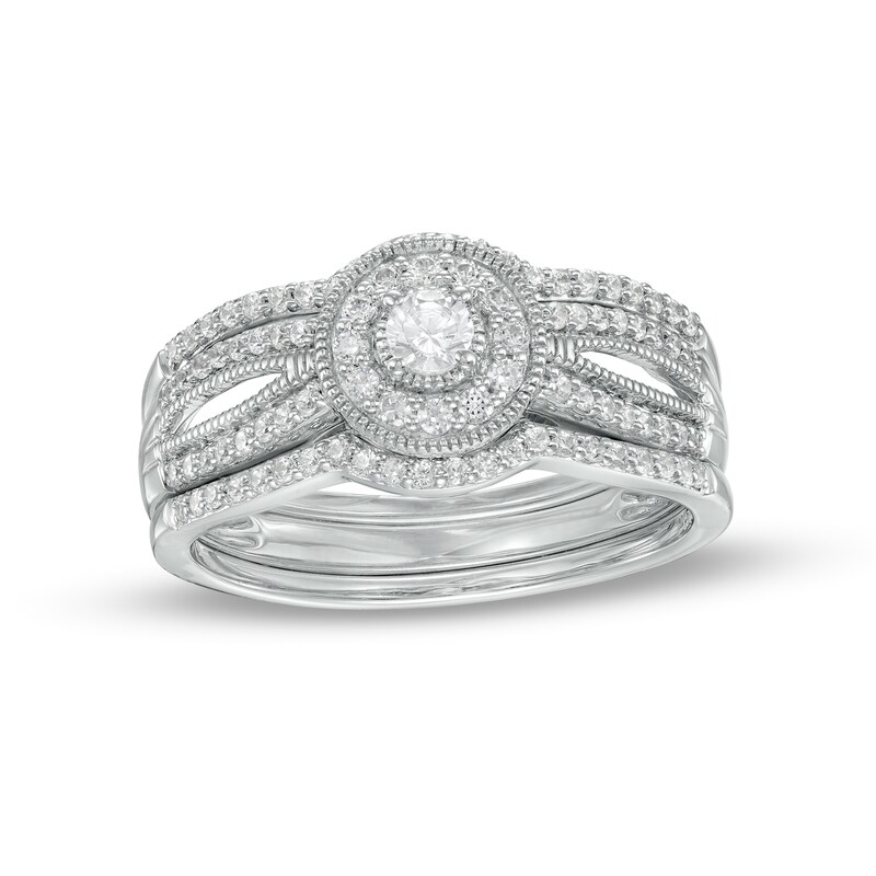 0.45 CT. T.W. Diamond Frame Vintage-Style Three Piece Bridal Set in Sterling Silver (J/I3)