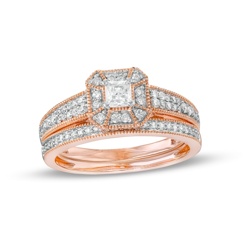 0.45 CT. T.W. Princess-Cut Diamond Frame Three Piece Bridal Set in 10K Rose Gold (J/I3)|Peoples Jewellers