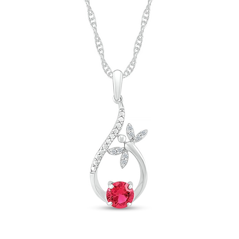 5.0mm Lab-Created Ruby and Diamond Accent Beaded Flying Dragonfly Loop Teardrop Pendant in Sterling Silver
