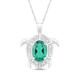 Oval Lab-Created Emerald and Diamond Accent Beaded Shell Pattern Sea Turtle Pendant in Sterling Silver