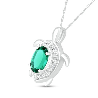 Oval Lab-Created Emerald and Diamond Accent Beaded Shell Pattern Sea Turtle Pendant in Sterling Silver