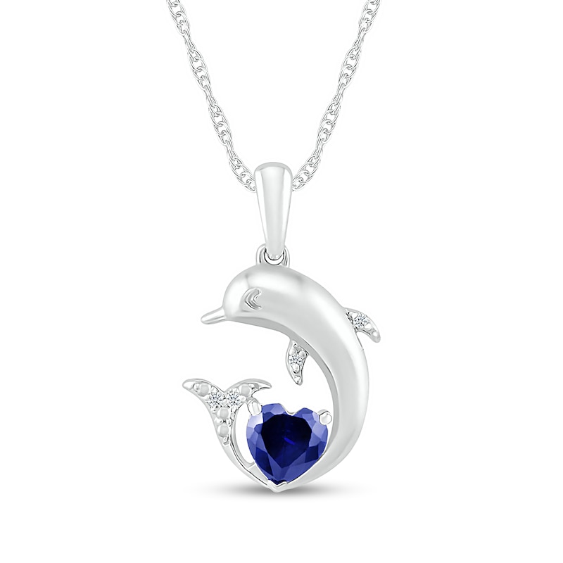 5.0mm Heart-Shaped Blue Lab-Created Sapphire and Diamond Accent Beaded Dolphin Pendant in Sterling silver|Peoples Jewellers
