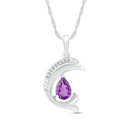 Pear-Shaped Amethyst and Diamond Accent Beaded Dolphin Pendant in Sterling Silver