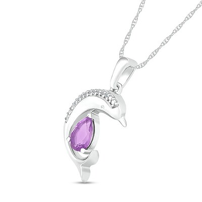 Pear-Shaped Amethyst and Diamond Accent Beaded Dolphin Pendant in Sterling Silver