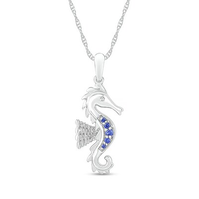 Blue Lab-Created Sapphire Graduated Five Stone Seahorse Pendant in Sterling Silver
