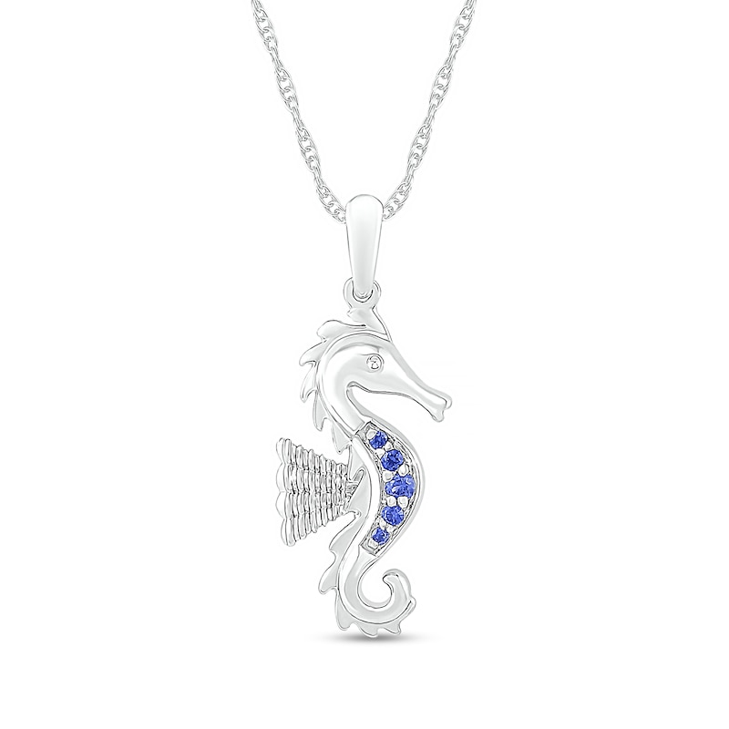 Blue Lab-Created Sapphire Graduated Five Stone Seahorse Pendant in Sterling Silver