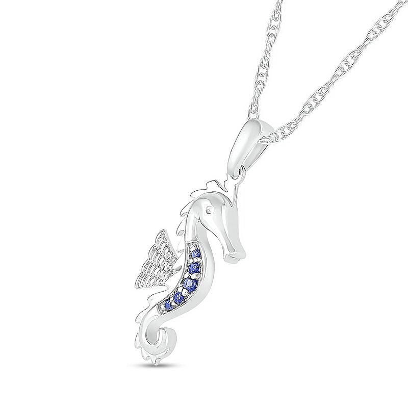Blue Lab-Created Sapphire Graduated Five Stone Seahorse Pendant in Sterling Silver