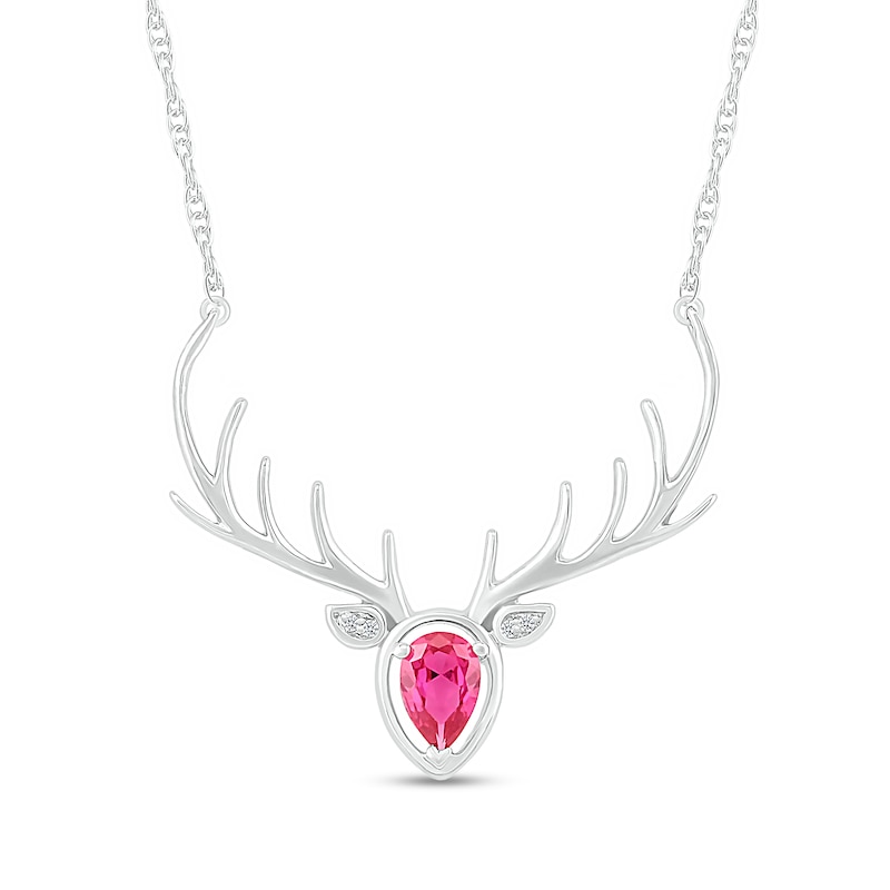 Pear-Shaped Lab-Created Ruby and Diamond Accent Deer with Antlers Necklace in Sterling Silver|Peoples Jewellers