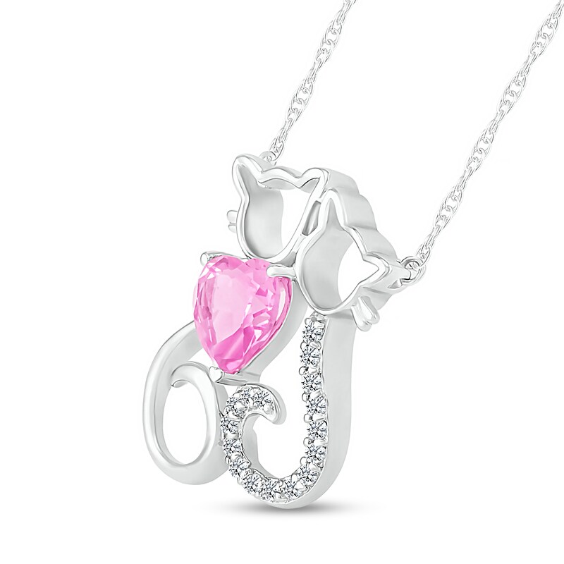 6.0mm Heart-Shaped Pink and White Lab-Created Sapphire Motherly Love Cat and Kitten Necklace in Sterling Silver