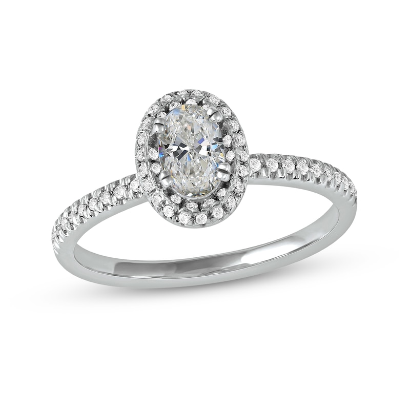 Main Image 1 of 0.75 CT. T.W. Oval Diamond Frame Engagement Ring in Platinum (I/SI2)