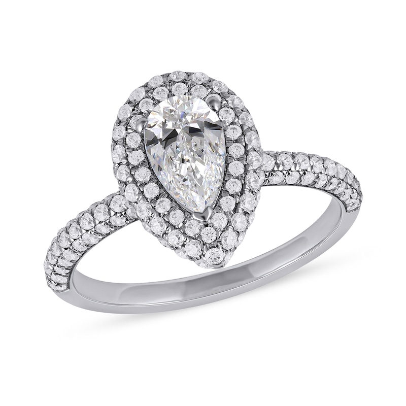 Main Image 1 of 1.62 CT. T.W. Pear-Shaped Diamond Double Frame Engagement Ring in Platinum (I/SI2)