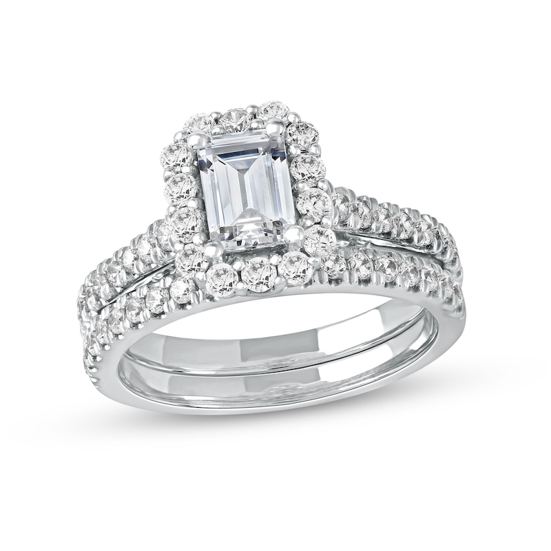 Main Image 1 of 1.75 CT. T.W. Emerald-Cut Diamond Frame Bridal Set in Platinum (I/SI2)