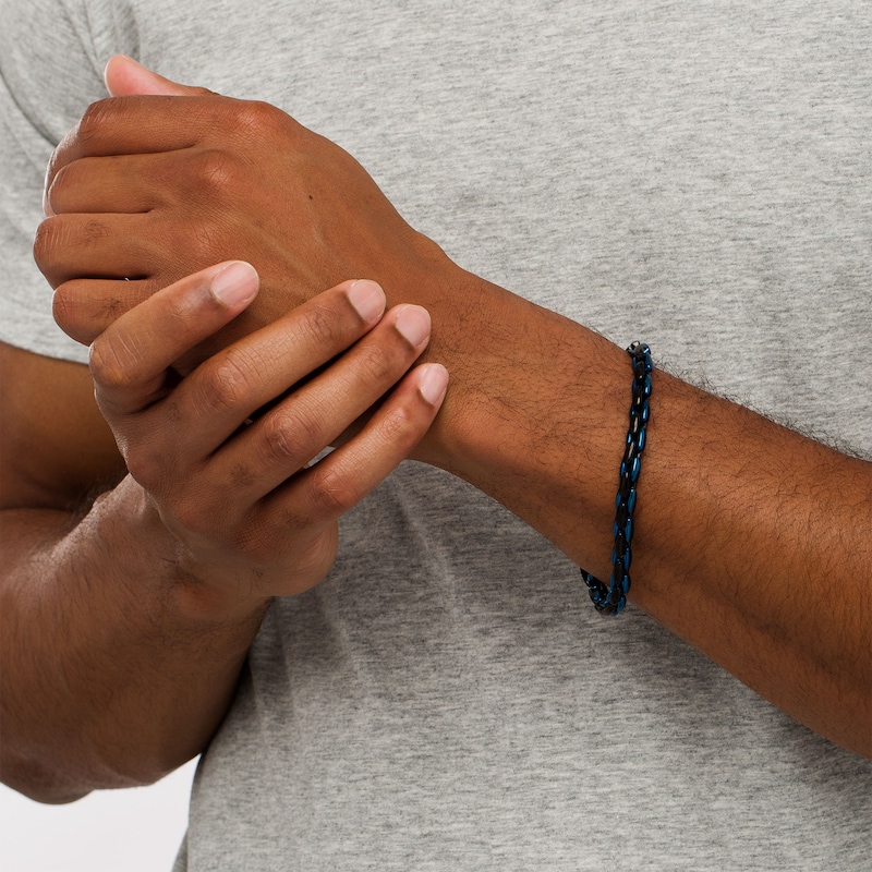 Main Image 2 of Men's 6.0mm Link Chain Bracelet in Stainless Steel with Black and Blue Ion-Plate - 9"