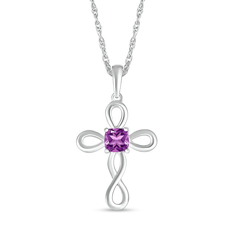 Main Image 1 of 4.0mm Cushion-Cut Amethyst Solitaire Loop Cross Pendant in Sterling Silver
