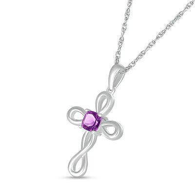 4.0mm Cushion-Cut Amethyst Solitaire Loop Cross Pendant in Sterling Silver