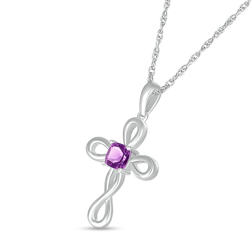 Main Image 2 of 4.0mm Cushion-Cut Amethyst Solitaire Loop Cross Pendant in Sterling Silver