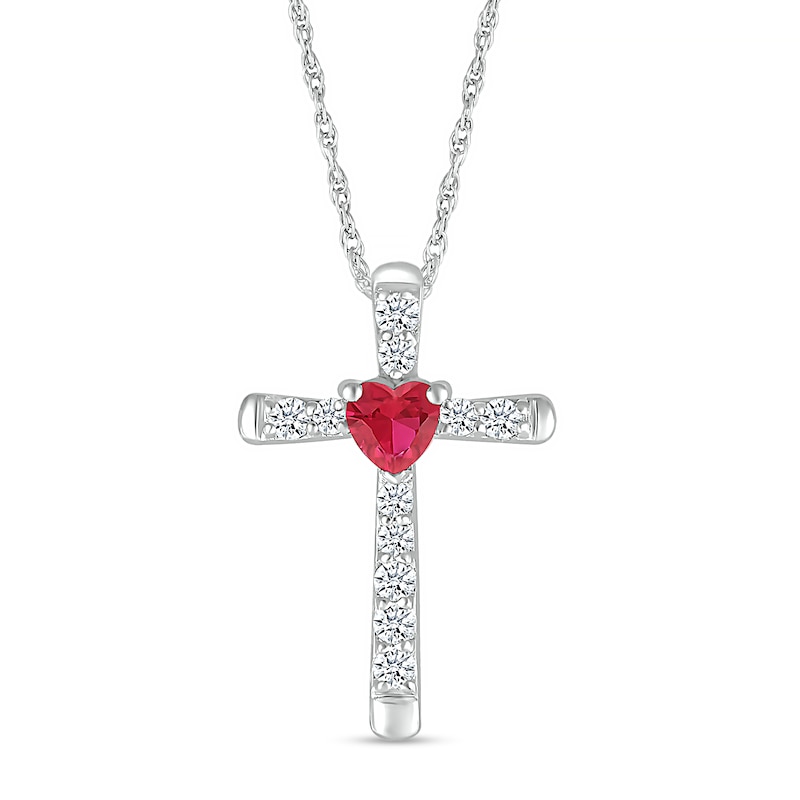 4.0mm Heart-Shaped Lab-Created Ruby and White Lab-Created Sapphire Cross Pendant in Sterling Silver|Peoples Jewellers