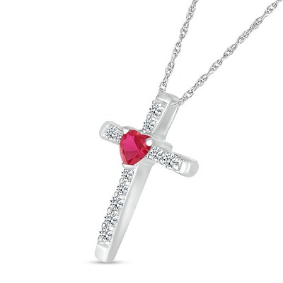 4.0mm Heart-Shaped Lab-Created Ruby and White Lab-Created Sapphire Cross Pendant in Sterling Silver