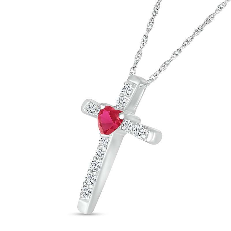 4.0mm Heart-Shaped Lab-Created Ruby and White Lab-Created Sapphire Cross Pendant in Sterling Silver