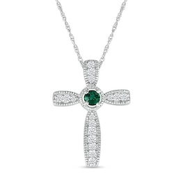 Lab-Created Emerald and White Lab-Created Sapphire Graduated Vintage-Style Cross Pendant in Sterling Silver