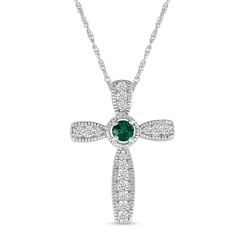 Lab-Created Emerald and White Lab-Created Sapphire Graduated Vintage-Style Cross Pendant in Sterling Silver