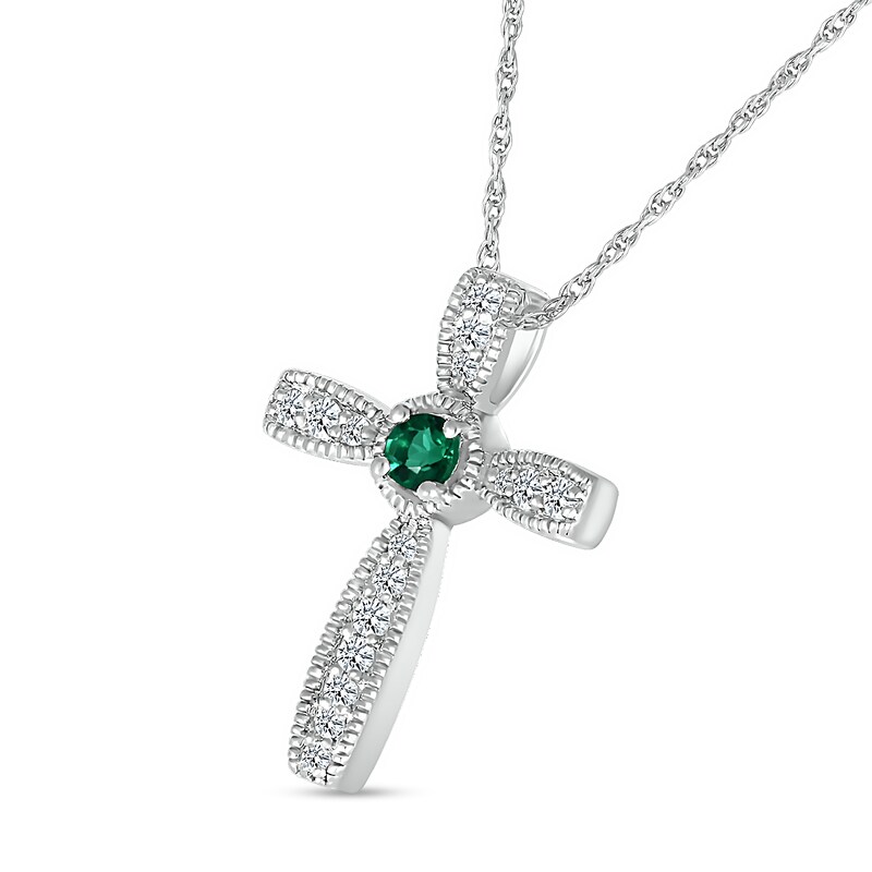 Lab-Created Emerald and White Lab-Created Sapphire Graduated Vintage-Style Cross Pendant in Sterling Silver