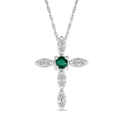 3.0mm Lab-Created Emerald and White Lab-Created Sapphire Duo Marquise Cross Pendant in Sterling Silver