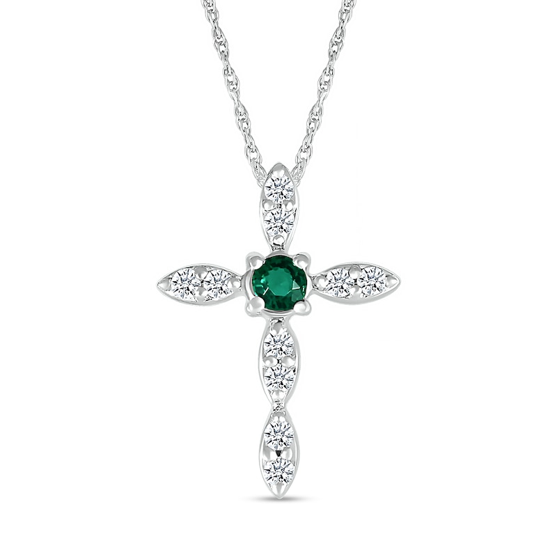 3.0mm Lab-Created Emerald and White Lab-Created Sapphire Duo Marquise Cross Pendant in Sterling Silver