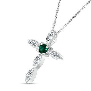 3.0mm Lab-Created Emerald and White Lab-Created Sapphire Duo Marquise Cross Pendant in Sterling Silver