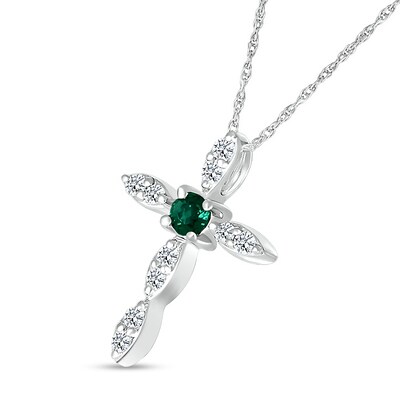 3.0mm Lab-Created Emerald and White Lab-Created Sapphire Duo Marquise Cross Pendant in Sterling Silver