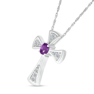 Oval Amethyst and White Lab-Created Sapphire Graduated Flared Cross Pendant in Sterling Silver