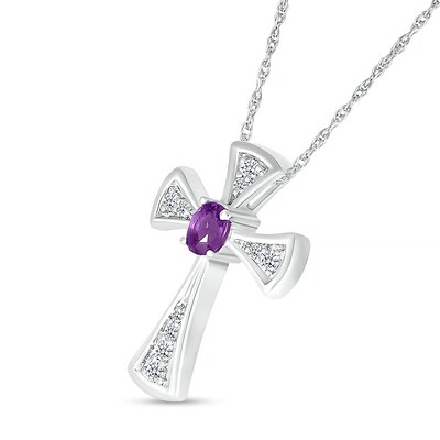 Oval Amethyst and White Lab-Created Sapphire Graduated Flared Cross Pendant in Sterling Silver