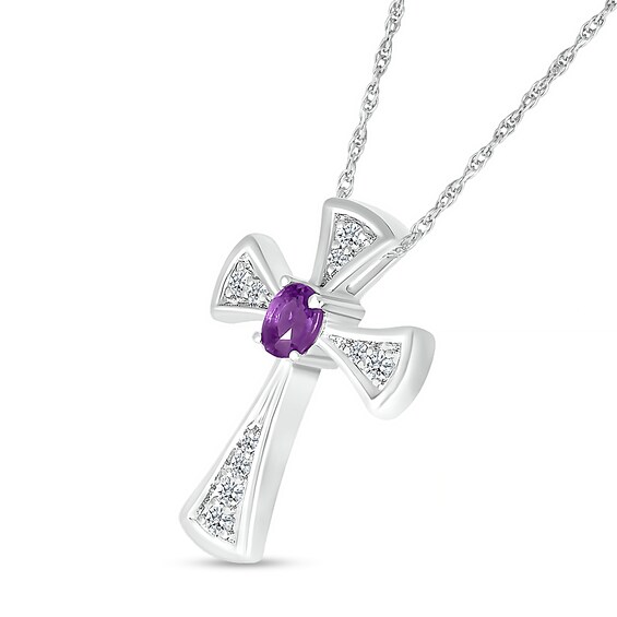 Oval Amethyst and White Lab-Created Sapphire Graduated Flared Cross Pendant in Sterling Silver