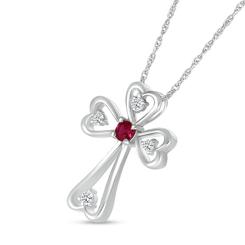 3.0mm Lab-Created Ruby and White Lab-Created Sapphire Heart-Ends Cross Pendant in Sterling Silver