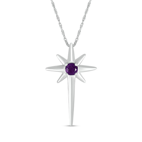 3.0mm Amethyst Solitaire North Star Cross Pendant in Sterling Silver