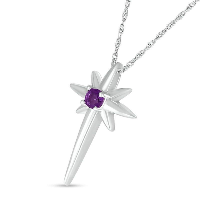 Main Image 2 of 3.0mm Amethyst Solitaire North Star Cross Pendant in Sterling Silver