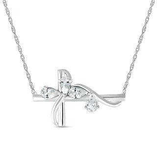 Pear-Shaped White Lab-Created Sapphire Four Stone Scatter with Ribbon Overlay Sideways Cross Necklace in Sterling Silver